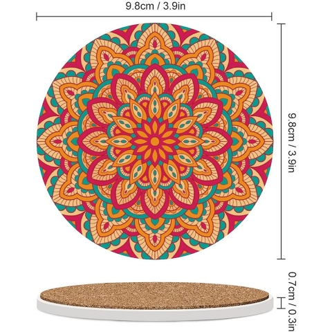 QINWEILU Seramik Bardak Altl (Krmz Mandala, 4 Adet)