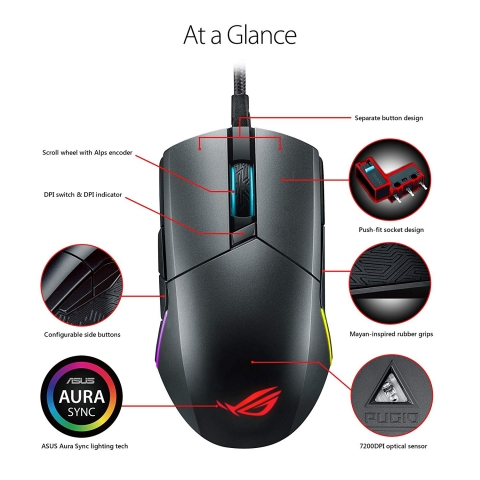 ASUS ROG Pugio Aura RGB USB Wired Optical Ergonomik Mouse