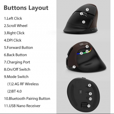 DELUX Bluetooth Vertical Ergonomik Mouse (Siyah)