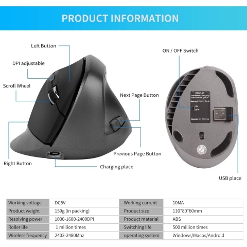 Zienstar Rechargeable Wireless Vertical Mouse (2400DPI)(Gri)