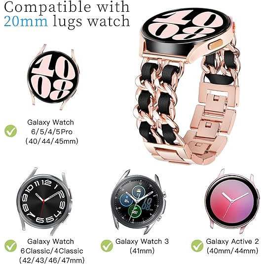 G-ficu Galaxy Watch 7/6/5/4/FE Uyumlu Kay-Black Leather-Rose Gold